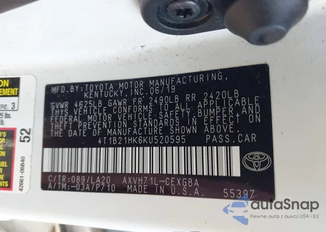 2019 Toyota Camry Hybrid Xle из США, поврежденный, VIN 4T1B21HK6KU520595